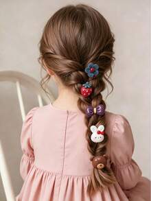 10 piezas Lazos elásticos para el cabello de niñas con diseño de oso y lazo, accesorios para el cabello con decoración de conejo y flor de fresa, diadema para peinados diarios - Multicolor - Ver 3