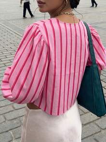 Urban Chic Bohemian Resort Style Bow Tie Front Striped Standard Fit Long Sleeve Top, Suitable For Vacation, Business Casual, Formal Occasions, Wedding Season, Valentine's Day, Old Money Style, Courtroom Style, New Year - Rose Pink - View 6