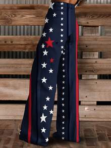 American Flag Star Print Wide Leg Pants Women High Waist Flared Trousers Patriotic Fashion Casual Pants - 混色 - 查看 2