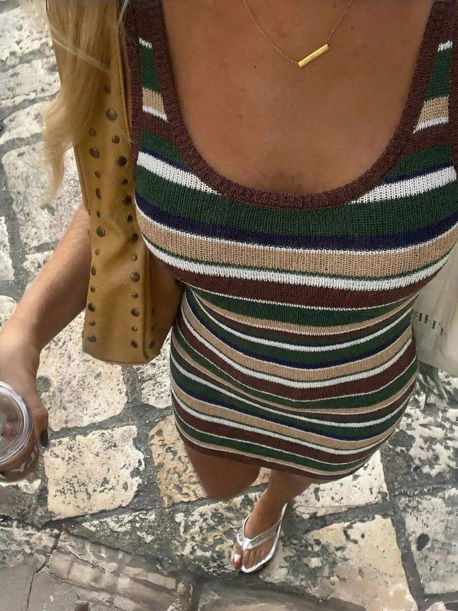 活力四射的无袖撞色条纹修身针织连衣裙,春夏连衣裙,女士假日装扮,派对礼服,沙滩装,度假连衣裙,可爱又青春 - 綠色 - 查看 1