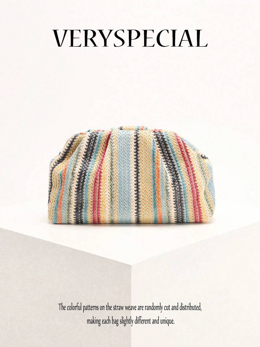 1 pieza Bolso de mano de paja tejida a rayas de colores, diseño de volantes a rayas arcoíris, bolso de playa casual de moda con correa para mujer (patrón a rayas cortado y distribuido al azar)