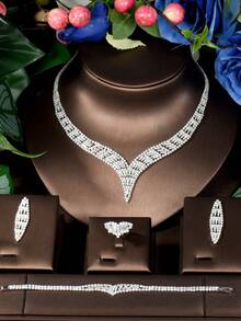 1 Set de Joyas con Forma de Abanico de Circonita Cúbica Versátil, Adecuado como Regalo de Accesorio para Mujeres - Plateado - Ver 2