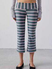Y2K Fold Over Waist Flare Cropped Pants, White Slim Capri Leggings - Flint Stone - View 2