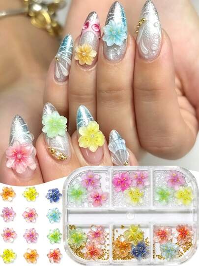6Grid Orchid Nail Art Jewelry, Macaron Colored Petals Mixed With Pearls, Steel Beads, Rhinestones, 3D Nail Designs, Cute Spring/Summer Nail Art Decorations, Nail Salon Accessories, DIY Nail Art Supplies