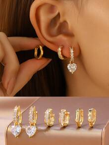 6pcs Set Of New Sparkling Cubic Zirconia Heart, Geometric, And Teardrop Stud Earrings, Minimalist Jewelry Accessories, Suitable For Women's Daily Wear, Holiday Gifts, Christmas Decorations - Gold - View 3