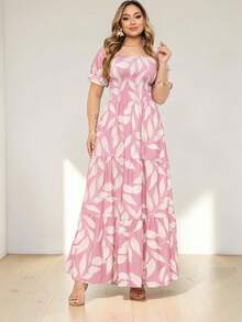 Women's Dress All-Over Print Leaf Boho Fabric Ruffle Hem Ruffled Ruched Long Beach Evening Birthday Party Baby Shower Garden Photoshoot - Merah Muda Tropis - View 1