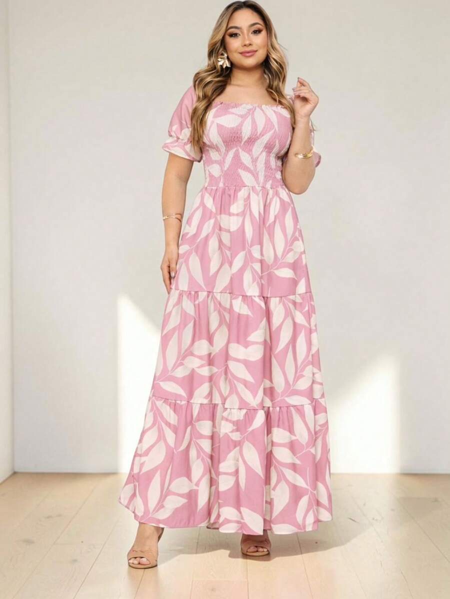 Women's Dress All-Over Print Leaf Boho Fabric Ruffle Hem Ruffled Ruched Long Beach Evening Birthday Party Baby Shower Garden Photoshoot - 熱帶粉紅色 - 查看 1