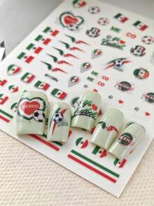 Tiebeauty 2 sets d'autocollants pour ongles thème Coupe du Monde de Football, vert blanc rouge, éléments de drapeau national et de cœur, décalcomanies d'art pour ongles imperméables et longue durée, accessoires à ongles amovibles et DIY - Multicolore - Voir 7