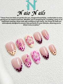 NAIO Bộ 10 móng giả thủ công hình hạnh nhân ngắn, phong cách Y2K cá tính, có các màu hồng, vàng và đỏ tía, cũng như móng giả kiểu Pháp đầu nhọn, móng gel và các họa tiết hoa và chấm bi 3D nổi. Thích hợp cho phụ nữ và bé gái, dự tiệc, sử dụng hàng ngày, kèm bộ dụng cụ, món quà tuyệt vời cho phụ kiện làm móng của phái nữ. - Nhiều màu - Xem 2