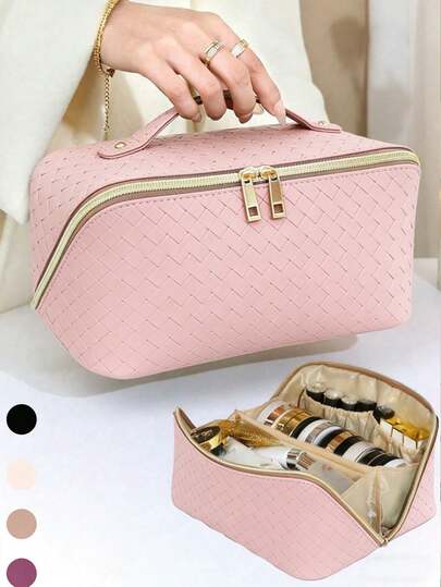 1pc PU Leather Travel Makeup Bag, Multi-Functional Cosmetic Organizer Bag With Compartments, Waterproof Toiletry Bag For Skincare, Makeup, Brushes, Compact, Lipstick, Suitable For Beach, School, Bathroom, Festivals, Valentine's Day, Christmas Gifts For Family And Friends, Summer Essential