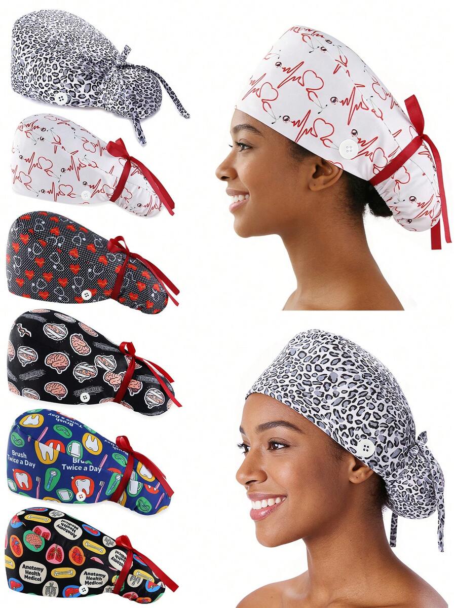 1 pieza Gorro quirúrgico estampado para mujer, gorro de enfermera, diadema multifuncional para cola de caballo, adecuado para hospitales veterinarios, instituciones de estética médica, hoteles, restaurantes, industria alimentaria, Halloween, San Valentín, gorro para cabello largo, playa, viaje - Multicolor - Ver 1