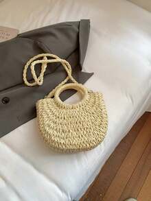 Straw Woven Beach Bag Starfish Shell Decor Round Handle Handbag Crossbody Vacation Tote Purse - White - View 9