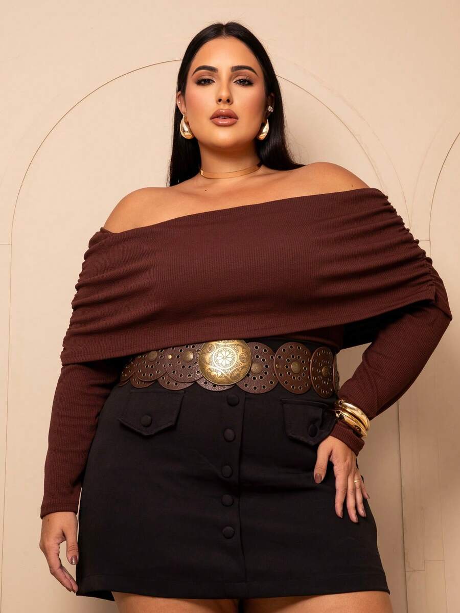 Plus Size Off-Shoulder Ribbed Long Sleeve Blouse For Women - Elegant, Modern, Comfortable For Winter - Óxido marrón - Ver 1