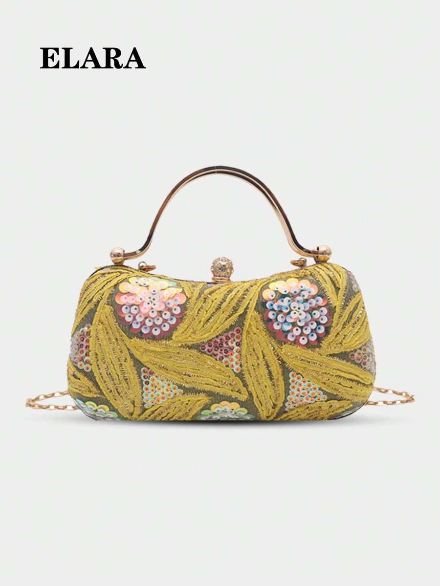 Túi cầm tay đính sequin họa tiết hoa, phụ kiện kim loại tinh tế, túi xách dạ hội sang trọng cho tiệc tùng, du lịch, trang phục trang trọng, túi đeo vai, túi đeo chéo, túi đựng điện thoại và son môi.