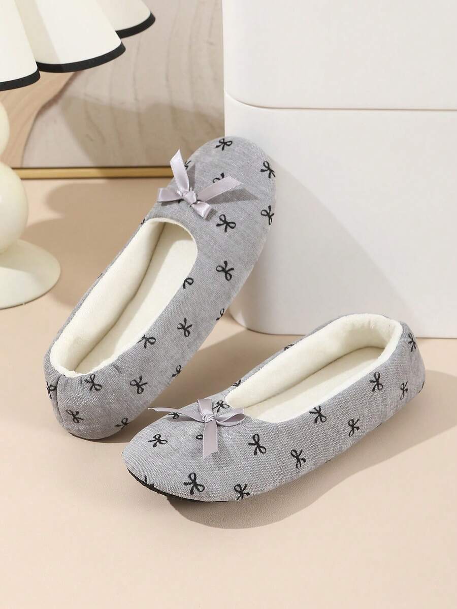 Women's New Solid Color Ballet Flats, Corduroy Material With Bow Decor, Indoor Comfortable Quiet Non-Slip Soft Bottom Fluffy Slip-On Slippers - Dark Grey - View 1