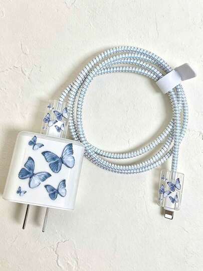 Blue White Butterfly Pattern Cable Protection 5pcs Blue & White Butterfly Transparent Cable Protector Set Suitable Compatible With Apple 18W/20W Chargers To Prevent Breakage Spring Mother's Day Gift