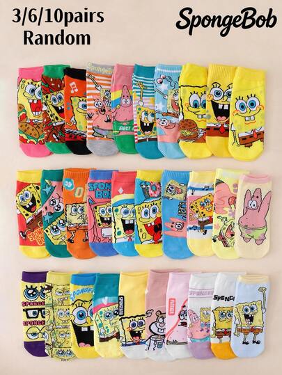SpongeBob SquarePants 3/6/10 đôi tất cổ ngắn in họa tiết ngẫu nhiên, tất cổ cao hoạt hình dễ thương, tất thoáng khí cho nữ và nam.