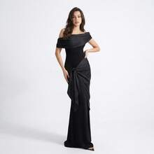 Sexy Black Off Shoulder Dress Long Slimming Fit Y2K Retro Womens Wedding Guest Evening Dress Elegant Fashionable New Style - 黑色 - 查看 9