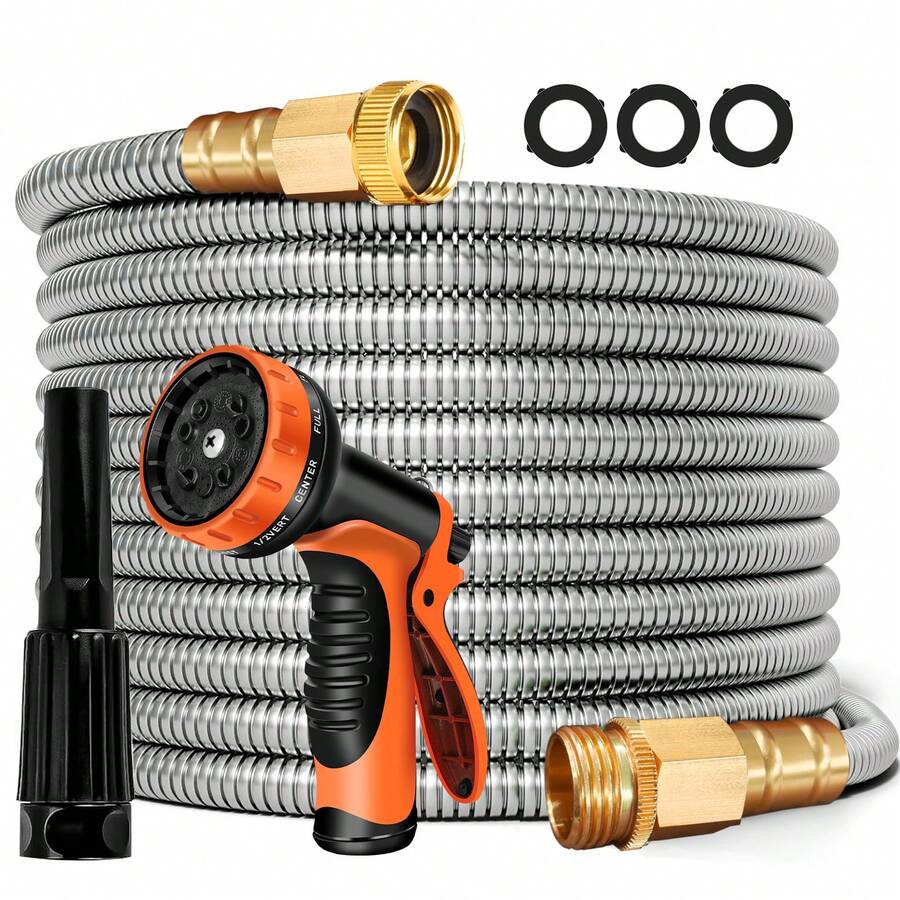 LOVFEN Stainless Steel Garden Hose 25/50/75/100FT -10-Function Nozzle, Ultra-Light Flexible High-Pressure, No-Kink Leak-Proof Dog-Proof For Yard Lawn Outdoor - 不銹鋼 - 查看 1