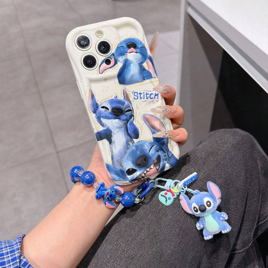 Disney Has Authorized, Phone Case - Chain Set, The Stitch Lilo & Stitch Phone Case Plus A Silicone 3D Or Fluffy Style Stitch Bracelet With Metallic Ring Removable Bracelet, Stitch And Angel Pattern, Compatible With Iphone 17/16/15/14/13/12/11/XS/XR/X Plus Pro Max, Wavy Design Phone Case For Girl, A Stylish Cartoon Summer Phone Case, The Perfect Gift Choice, Phone Protection, Durable Phone Cover, Great Gift For Friends And Family - Kiểu trắng B - Xem 1