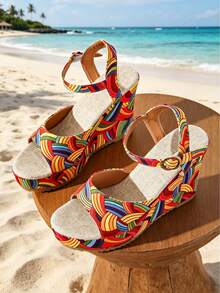 Women's Blue Summer Vacation Style Straw Woven Platform Wedge Sandals, Ladies' Fashion New Vintage Buckle Design High Heel Shoes, Thick Bottom Espadrille Platforms, Bohemian Beach Shoes For Summer - Multicolor - View 5