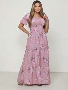 Women's Dress, All-Over Leaf Print, Boho Style, Fabric, Hem With Ruffles, Gathered Ruffles, Long Style, Beach, Night, Birthday Party, Baby Shower, Garden, Photoshoot - MAWAR KERING - View 1