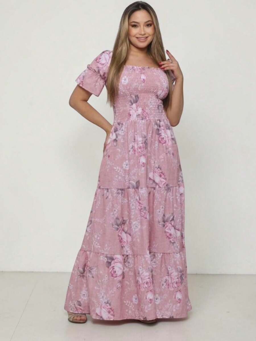Women's Dress, All-Over Leaf Print, Boho Style, Fabric, Hem With Ruffles, Gathered Ruffles, Long Style, Beach, Night, Birthday Party, Baby Shower, Garden, Photoshoot - MAWAR KERING - View 1