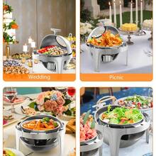 Juego de buffet de bandeja redonda de acero inoxidable superior con tapa enrollable y ventana de vidrio – Calentador de alimentos de tamaño completo de 6.3 QT para catering, fiestas, banquetes, servidor de buffet portátil, color plateado. - color original del acero inoxidable - Ver 7
