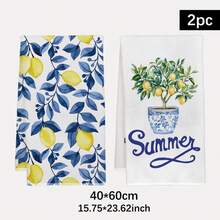 Bộ 2 khăn lau bếp bằng sợi microfiber họa tiết chanh và bình hoa màu xanh dương, hình chữ nhật 40*60cm, thích hợp cho nhà bếp, phòng tắm, quà tặng tân gia, giá trị cao. - Màu xanh Cadet - Xem 2