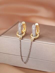 1 Set Women's Gold & Silver Double Hoop Earrings, Fully Paved Rhinestone Detachable Earring Pendant, Fashionable Jewelry Gift, Niche Design, Unique Accessory, Versatile Daily Wear - Multicolor - View 3