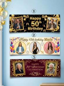 客製化生日快樂照片背景布，適合所有年齡層，兒童、成人、長輩、生日壽星，生日派對、拍照背景、派對裝飾、生日禮物、派對小禮、生日慶祝 - 黑色 - 查看 9