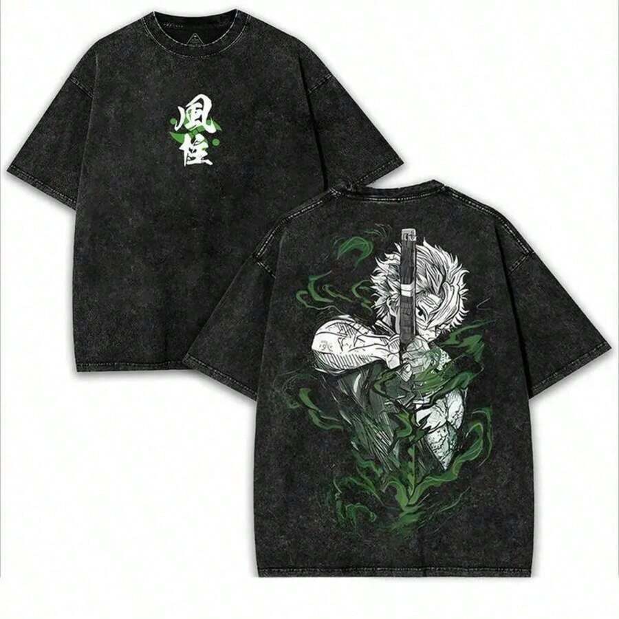 Shinazugawa Sanemi Wind Hashira V2 Kimetsu No Yaiba Anime Double Printed Acid Washed Menswear Graphic Tee Fantasy Streetwear Unisex Merch Casual Top Distressed FestiveSD0082summer Outfits For Womengraphic Tees - 黑色 - 查看 1