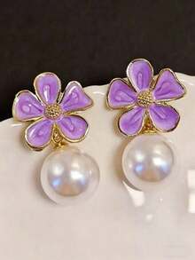 1 Coppia di orecchini vintage in stile francese minimalista con goccia d'olio viola e perla, adatti per l'uso quotidiano delle ragazze adolescenti - Viola - Visualizzare 4