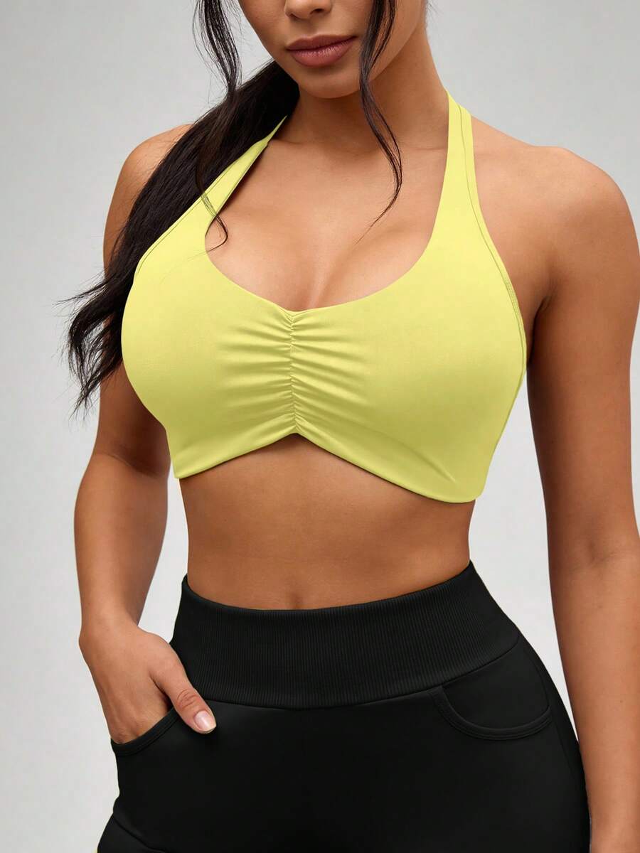NcmRyu 1 Peça Regata Esportiva Cropped Feminina Cor Sólida com Franzido e Cruzamento nas Costas - Amarelo - Visão 1