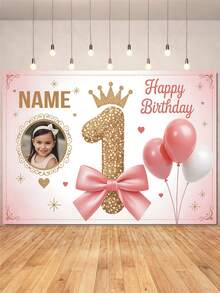 Customizable Name Photo 1st Birthday Backdrop With Pink And Blue Balloons, Flowers, Gold Glitter, Crown, Hearts, Bows, And Ribbons, 1st Birthday Parties, Baby Showers, Birthday Gifts, Cake Table Backdrop, Photo Banner, Vinyl, Celebration Decor - Multicolor - View 4