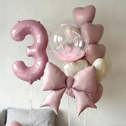 Bộ 18 bóng bay trang trí tiệc sinh nhật màu hồng, gồm bóng bay số 0-9 màu hồng 127cm, bóng bay bong bóng trong suốt 40cm, bóng bay nơ màu hồng mờ, bóng bay hình trái tim màu hồng kem 20cm. Thích hợp cho tiệc sinh nhật, lễ rửa tội, sinh nhật công chúa, ngày Valentine, kỷ niệm, trang trí phòng lãng mạn.