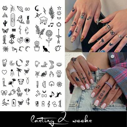 STARTTOOS 4pcs Semi-Permanent Finger Tattoos, Minimalist Butterfly, Floral, Music Note, Star & Moon Designs, Y2K Style, Music Festival, Valentine's Day, Carnival Gifts, 1-2 Weeks Waterproof Temporary Tattoos, Natural Plant-Based Ingredients, Suitable For Fingers, Ears, Shoulders, Neck, Collarbones