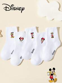 Disney 5双装迪士尼儿童袜子，春夏中筒袜，卡通红色蝴蝶结老鼠/复古波点图案，简约时尚，柔软透气吸湿，百搭蕾丝边，适合返校、校园穿着、运动、度假、旅行、日常穿着 - 彩色 - 查看 9