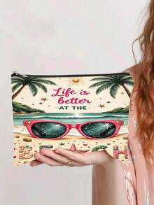 Tropical Beach & Parrot Print Cosmetic Bag, Summer Fun Slogan Themed Portable Zipper Pouch - View 4
