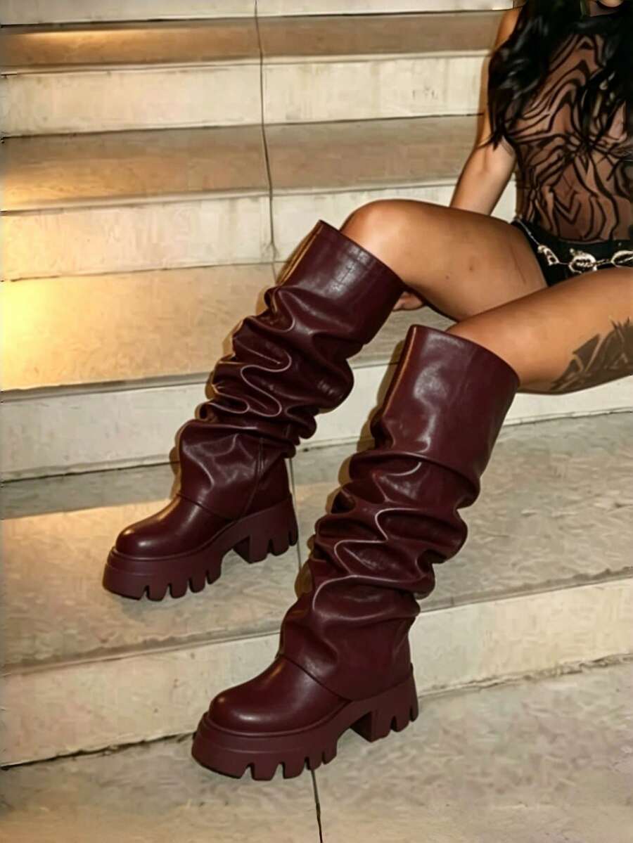 Women's Burgundy Boots Metal Platform Shark Boots Foldable Thick Knee High Shoes Motorcycle Nightclub Cosplay Spring Boots For Women - Burgundy - View 1