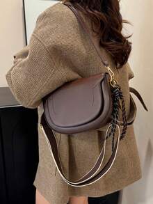 ZA New Autumn Women's Burgundy Saddle Bag, Contrast Stitching Design, Top Handle One Shoulder Crossbody Flap Rigid Bag - Coffee - View 6