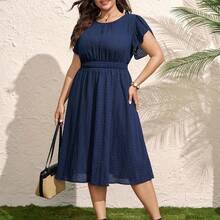 Comfylo Plus Size Women Vacation Round Neck Waist Ruffle Sleeve Dress Festival Outfits For Women Festival Dresses Beach Dress Vacation Outfits Women Vacation Dresses Summer Dresses For Women Mother's Day - Azul Marino - Ver 7