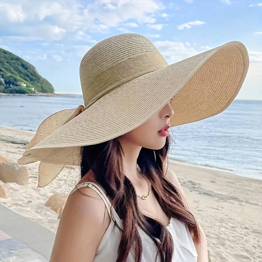 1顶女士特大号蝴蝶结软呢遮阳帽，可折叠，浅棕色，适合海滩和旅行，沙滩配饰 | 宽檐帽 | 无弹力贴合帽型，沙滩帽，露营帽，户外遮阳帽