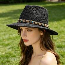 Women Straw Cowgirl Hat Decorative Bead Rope Western Hat Outdoor Beach Hat Holiday Summer Sun Cap - Black - View 1