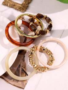Bộ 7 chiếc vòng tay thời trang cao cấp, độc đáo, sáng bóng, đa năng, mang phong cách retro tinh tế, sang trọng, làm từ nhựa CCB màu hổ phách và kim loại màu ngà, phù hợp cho nữ, thích hợp đeo hàng ngày, dự lễ hội và tiệc tùng. - Nhiều màu - Xem 5