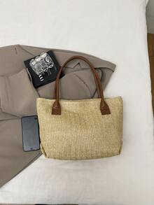 大容量沙滩包，新款休闲简约编织手提包，百搭女士草编手提包 - 棕色 - 查看 9