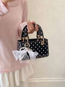 1pc Design New Women's Elegant Handbag, Shoulder Bag, Satchel Bag, Solid Color With Polka Dot Elements, Versatile, Comes With Personalized Lace Pearl Decor, Suitable For Outings, Shopping, Dates, Gifts - Black - View 5