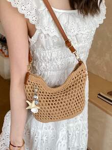 1件时尚新款镂空钩编单肩包，涤纶材质，百搭度假风斜挎包，简约休闲沙滩包，适合日常通勤和度假，优雅女士手提包 - 卡其色 - 查看 7
