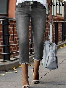 Quần jean denim dáng ôm thoải mái, dài đến giữa bắp chân, cỡ lớn, có túi, khóa kéo và cúc cài, thích hợp cho mùa xuân. - Màu xám đen - Xem 4