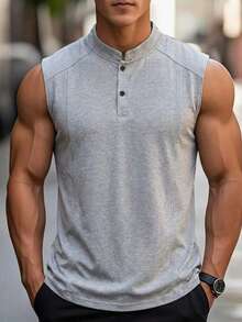 Áo tank top không tay cổ Henley hiệu Blueprint Man, màu xám linen, chất liệu vải dệt kim mềm mại, thoáng khí, chống nhăn, bền, kiểu dáng giản dị, lịch lãm, phù hợp mặc hàng ngày hoặc đi làm. - Xám - Xem 2